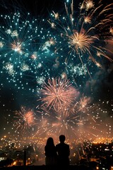 Fototapeta na wymiar Silhouette of a couple against a spectacular display of fireworks illuminating the night sky