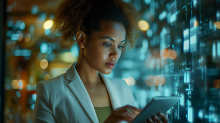 Tech-Savvy Businesswoman Using Tablet in Data Center