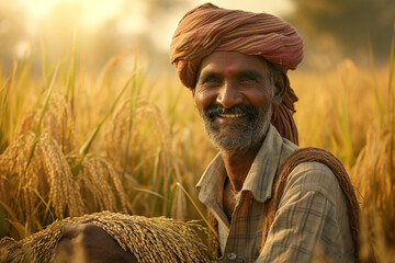 Naklejka na ściany i meble Indian male farmer in rice field bokeh style background
