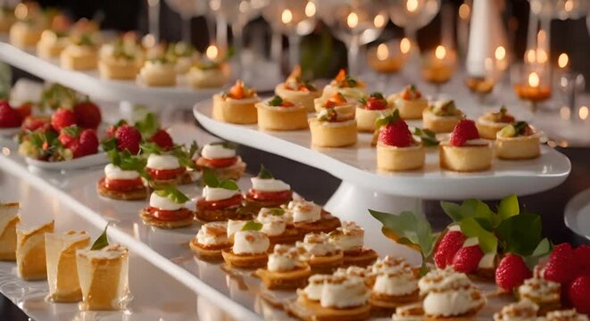 Assortimento di deliziose tartine su piatti bianchi,   Servizio di banchetto festivo, catering o buffet al ricevimento.