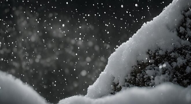 immagine fissa di roccia innevata con neve che scende dal clielo, senso di calma e benessere dato dalla caduta leggera dei fiocchi di neve