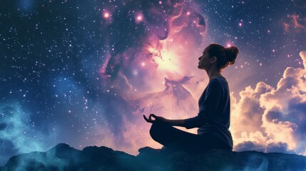 A tranquil woman meditating in a cosmic setting, surrounded by stars and nebulae, evoking peace and...