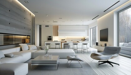 A modern minimalist home interior design with chairs. Comfortable and stylish in grey tones