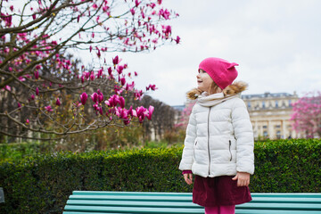Preschooler girl looking at pink magnolia in full bloom on a street of Paris, France