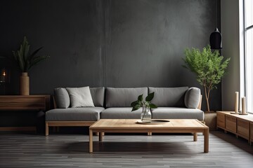 timber furniture in a dark, modern setting. Text friendly minimalist room design