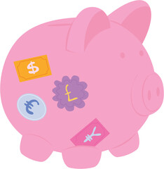 Piggy bank with stickers vector. Financial literacy. Money savings currency