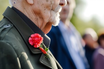 senior man with a carnation boutonniere at a military ceremony - obrazy, fototapety, plakaty