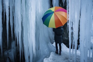 person with colorful umbrella under melting icicles - obrazy, fototapety, plakaty
