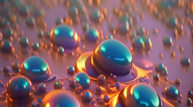 bolle metallizzate azzurre che escono da fluido metallizzato, sensazione di soddisfazione , colori metallizzati, sfere che escono fluide, 