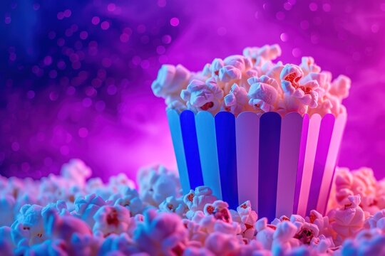 Two striped popcorn containers amidst vibrant neon lights and smoke
