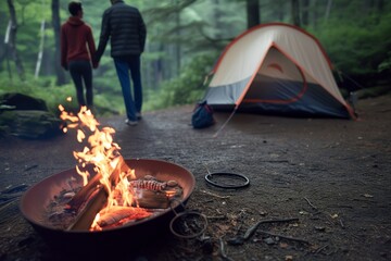 pair on a campground with a tent and a fire ring - obrazy, fototapety, plakaty