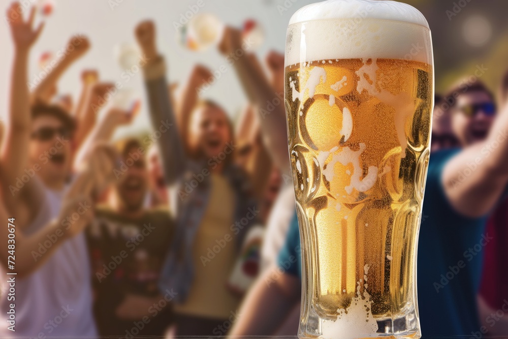 Canvas Prints frothy beer glass, fans cheering behind