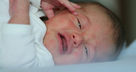 Newborn baby infant crying during first week of life, close-up of baby face