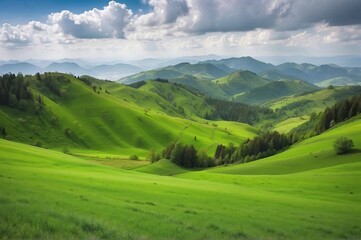 Fototapeta na wymiar Beautiful view of green landscape against cloudy sky