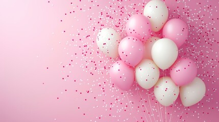 Fototapeta na wymiar Celebration background concept with pink, white ballons and confetti, text copy space 