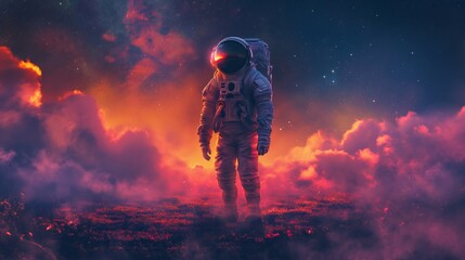 a photo of the astronaut in the space field, in the style of psychedelic color schemes, warmcore