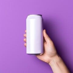 Blank Beverage Can Mockup: Hand Holding on Vibrant Purple Background