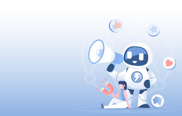 Artificial Intelligence (AI) technology and digital marketing concept. Announcement, advertisement, promotion, campaign, attract customer satisfaction. Flat vector design illustration with copy space.