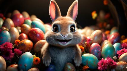 Fototapeta na wymiar Easter Bunny Delights: Colorful Eggs and Joyful Celebrations 