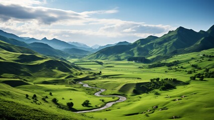 Fototapeta premium Breathtaking High-Depth Landscape: Rolling Green Hills and Majestic Mountains