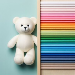 White teddy bear and color palette.