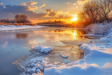 Frozen river at sunset. Ice melts on the river in early spring - obrazy, fototapety, plakaty