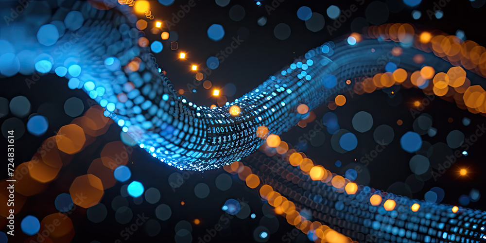 Poster 3d wire cable tunnel with digital binary data transmitting.glowing data cables transferring informat