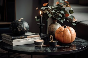 Stylish interior of a living room with books, a candle, and a pumpkin on a coffee table in black. cozy autumnal interior design