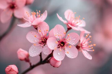 Obraz premium A delicate display of spring's arrival, showcasing the soft pink petals of a sakura blossom in full bloom amongst the lush outdoor greenery