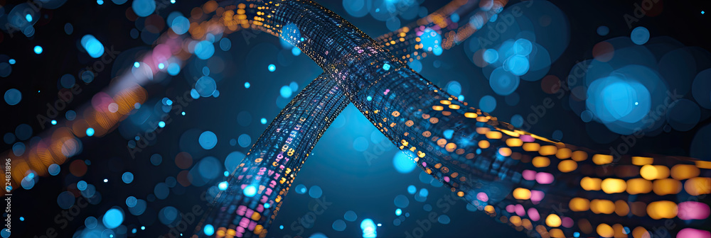 Poster 3d wire cable tunnel with digital binary data transmitting.glowing data cables transferring informat