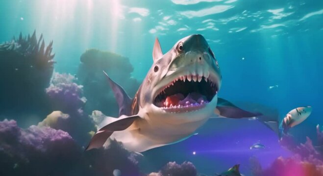 Scary sharks swim underwater looking for prey
