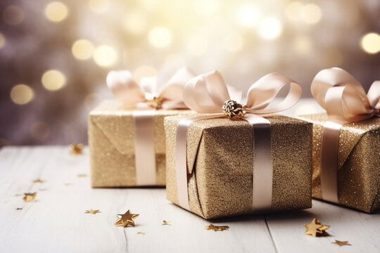 gift boxes with ribbons on a festive background.