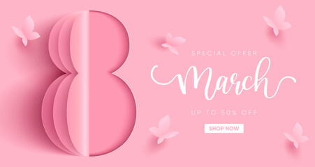 International Women's Day banner. 8 number origami design. Eps10 vector illustration with place for your text.