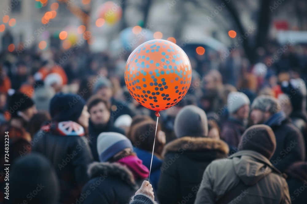 Sticker person holding a festive balloon amongst a crowd