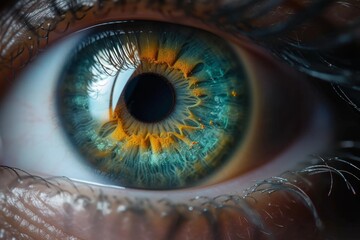 A captivating closeup of an eye, revealing the intricate details of the iris and delicate eyelashes, while blood vessels pulse within the pupil, highlighting the beauty and complexity of this essenti - obrazy, fototapety, plakaty