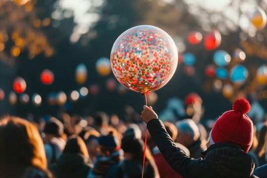 Person Holding A Festive Balloon Amongst A Crowd