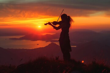 As the fiery sun dips below the mountain's edge, a lone figure gracefully plays her violin against a backdrop of pastel clouds and a sky ablaze with the last rays of sunset, creating a breathtaking s