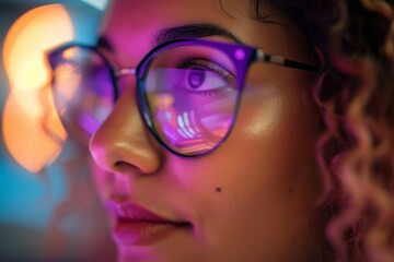 Fototapeta premium A bespectacled woman with a thoughtful expression, her lips slightly parted as she gazes into the distance, donning a stylish pair of glasses that add an air of sophistication to her closeup