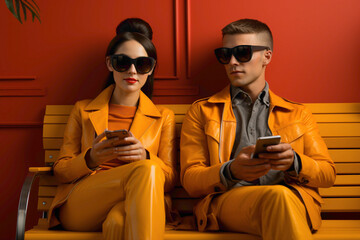 Two AI friends share a moment of bliss as they engage with their mobile phones against a warm and inviting solid orange backdrop. - obrazy, fototapety, plakaty