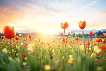 Fotobehang red and yellow tulip field captured at sunrise © Alfazet Chronicles