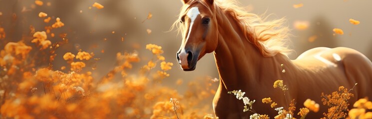 Beautiful horse in a clearing in the sun. Concept: animal breeding - obrazy, fototapety, plakaty