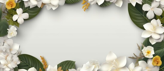 Tropical background with palm leaves and flowers.
