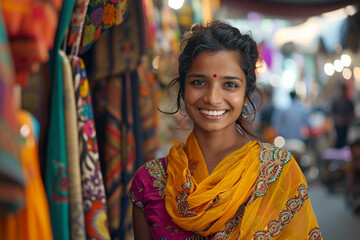 indian clothes seller woman bokeh style background - obrazy, fototapety, plakaty