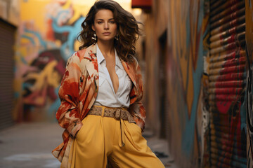 Urban elegance personified as the most beautiful Venezuelan lady poses in a trendy jacket and...