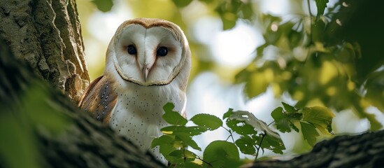 A barn owl, perched in a tree, gazed forward at the camera.