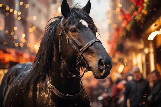 Fun on the street and horses decorated for the holiday. Concept: horseback riding and festivals with animals, bright bokeh lights from garlands