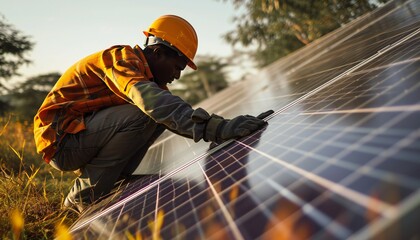 Solar power engineer installing solar panels on the roof.