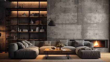 a modern grey house with grey walls and couches with a fireplace