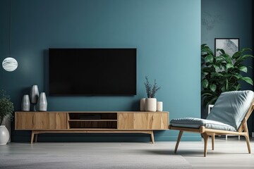 Interior of a living room with a chair and a television against a blank blue wall