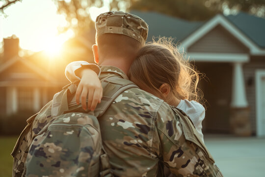 Reunion of a soldier Military Parent Hugging young Child embracing at home during sunset.